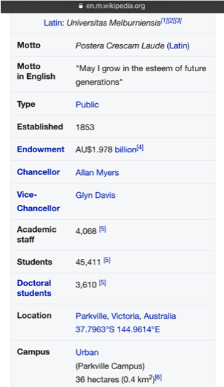 The University of Melbourne Wikipedia landing page - Mobile search engine optimisation SEO Agency Sydney